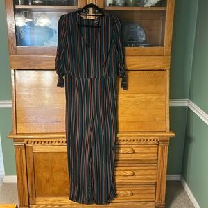 Wild Fable Boho Chic Retro Striped V-Neck Wide Leg Jumpsuit Tie Sleeve Earthcore